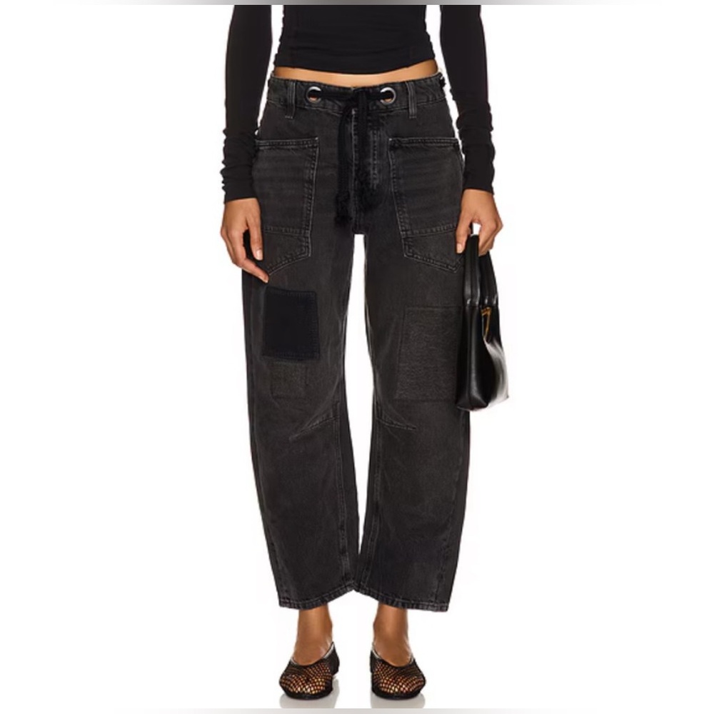 We The Free Moxie Barrel Leg Jeans Patchwork Boho Slouchy Low Black Washed sz 25